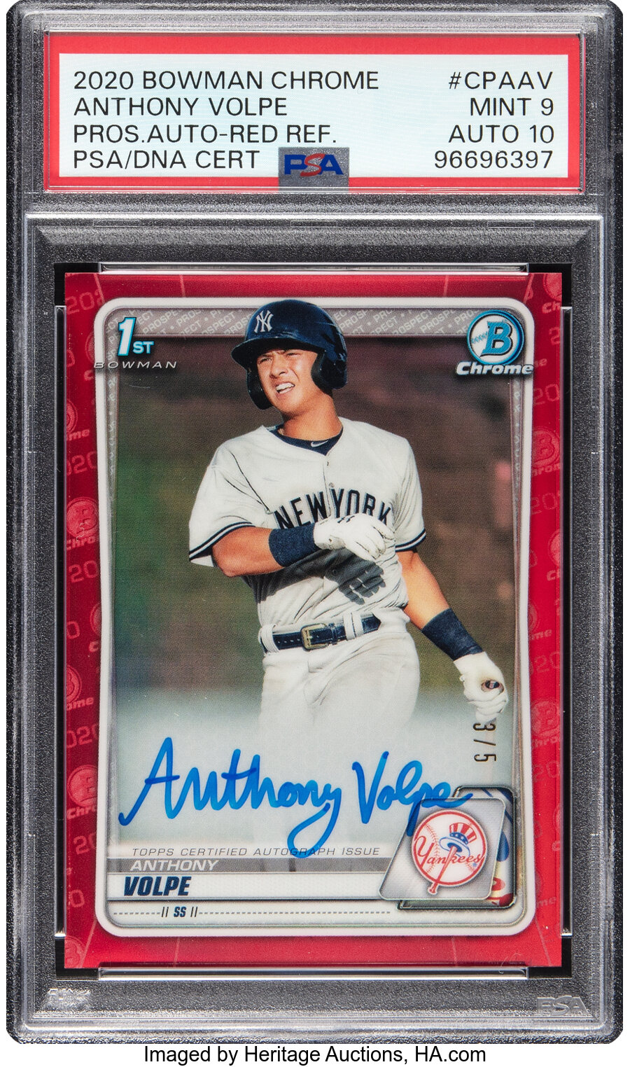 2020 Topps Bowman Chrome Anthony Volpe (Prospects Autograph-Red Refractor) #CPAAV PSA Mint 9, PSA/DNA Auto 10 - #'d 3/5