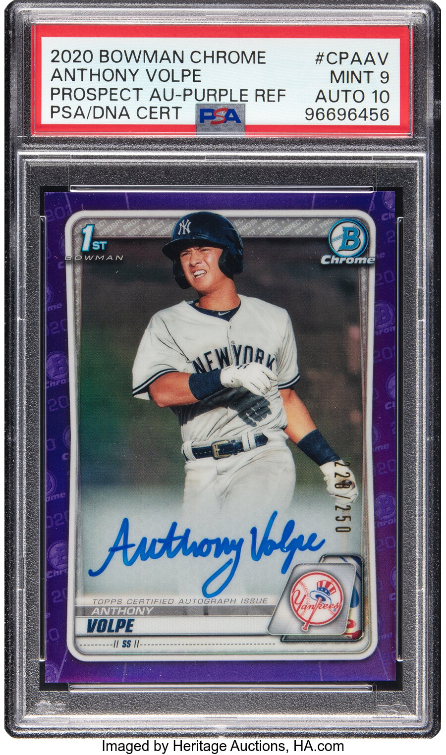 2020 Topps Bowman Chrome Anthony Volpe (Prospect Autograph-Purple Refractor) #CPAAV PSA Mint 9, PSA/DNA Auto 10 - #'d 228/250