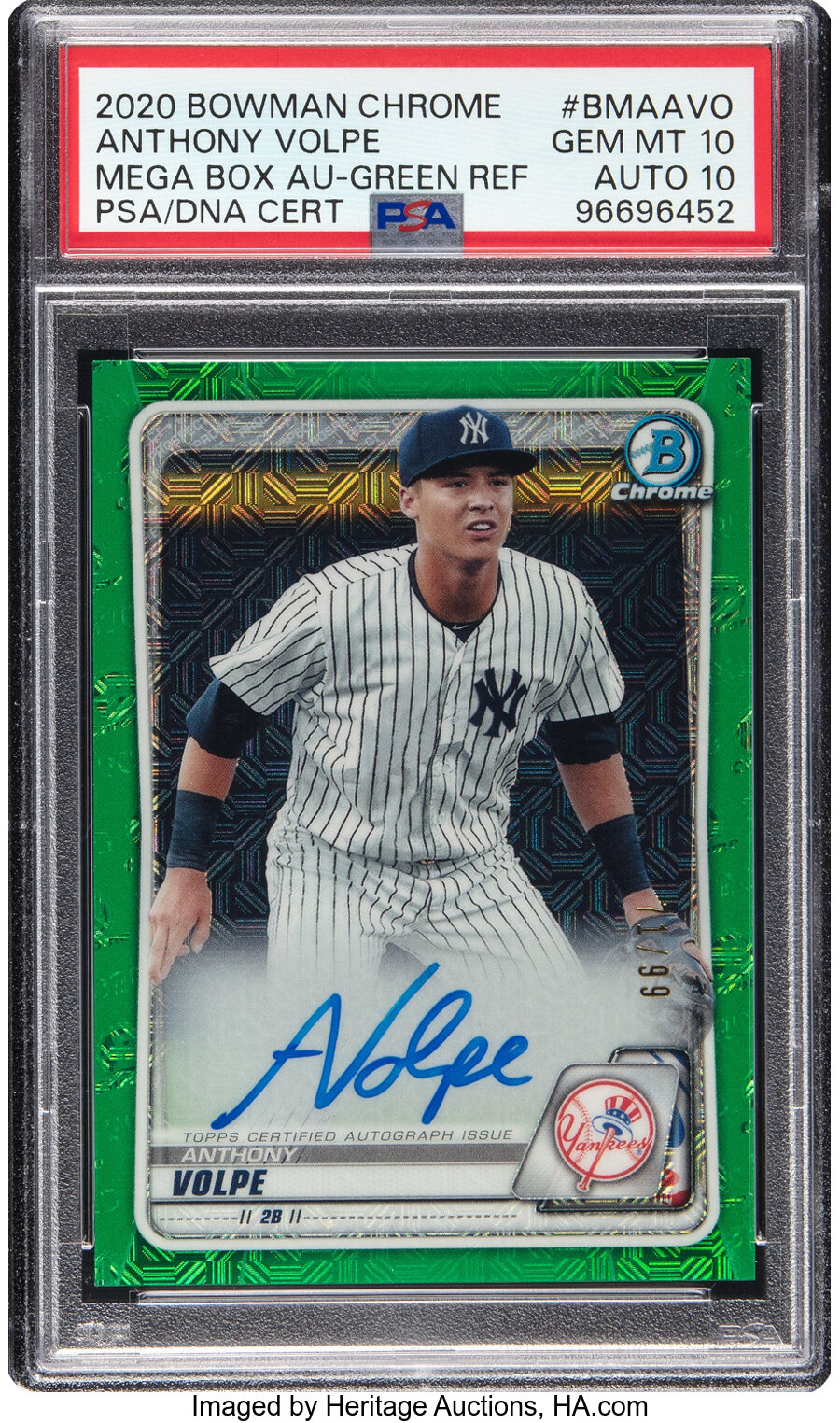 2020 Topps Bowman Chrome Anthony Volpe (Mega Box Autograph-Green Refractor) #BMAAVO PSA Gem Mint 10, PSA/DNA Auto 10 - #71/99