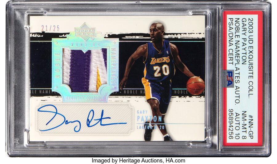 2003 Upper Deck Exquisite Collection Gary Payton (Noble Nameplates Autograph) #NN-GP PSA NM-MT 8, PSA/DNA Auto 10 - #'d 21/25