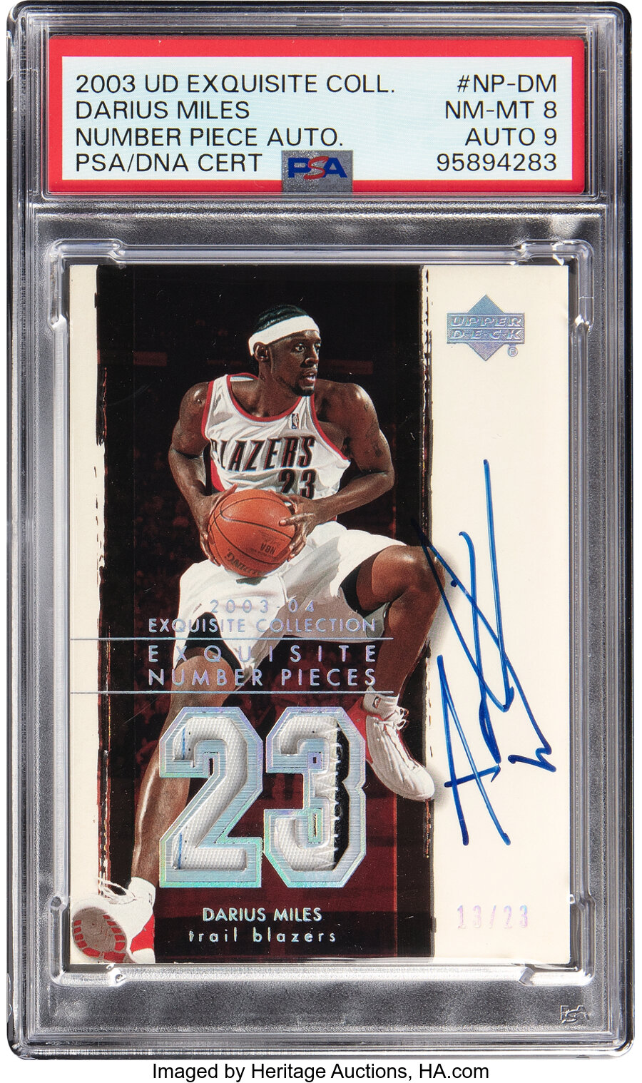 2003 Upper Deck Exquisite Collection Darius Miles (Number Piece Autograph) #NP-DM PSA NM-MT 8, PSA/DNA Auto 9 - #'d 13/23 - Fr