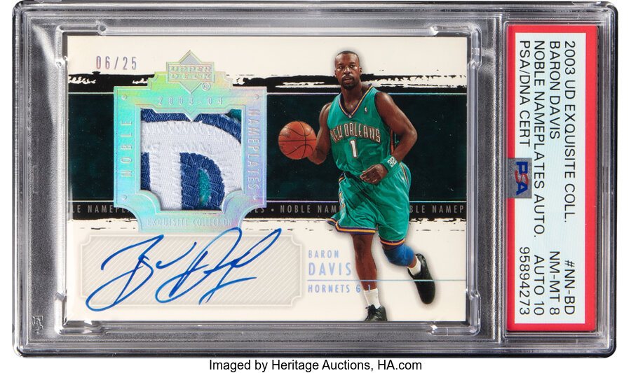 2003 Upper Deck Exquisite Collection Baron Davis (Noble Nameplates Autograph) #NN-BD PSA NM-MT 8, PSA/DNA Auto 10 - #'d 06/25