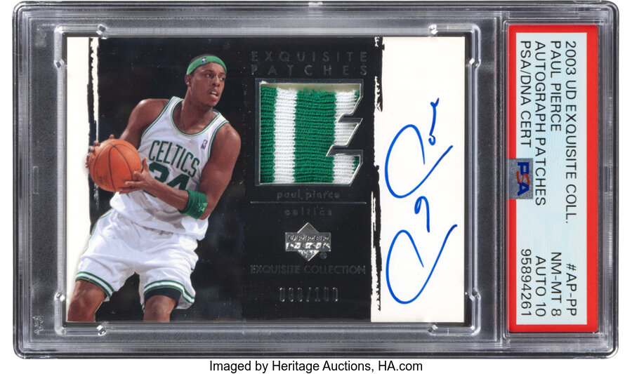 2003 Upper Deck Exquisite Collection Paul Pierce (Autograph Patches) #AP-PP PSA NM-MT 8, PSA/DNA Auto 10 - #'d 008/100 - Pop O