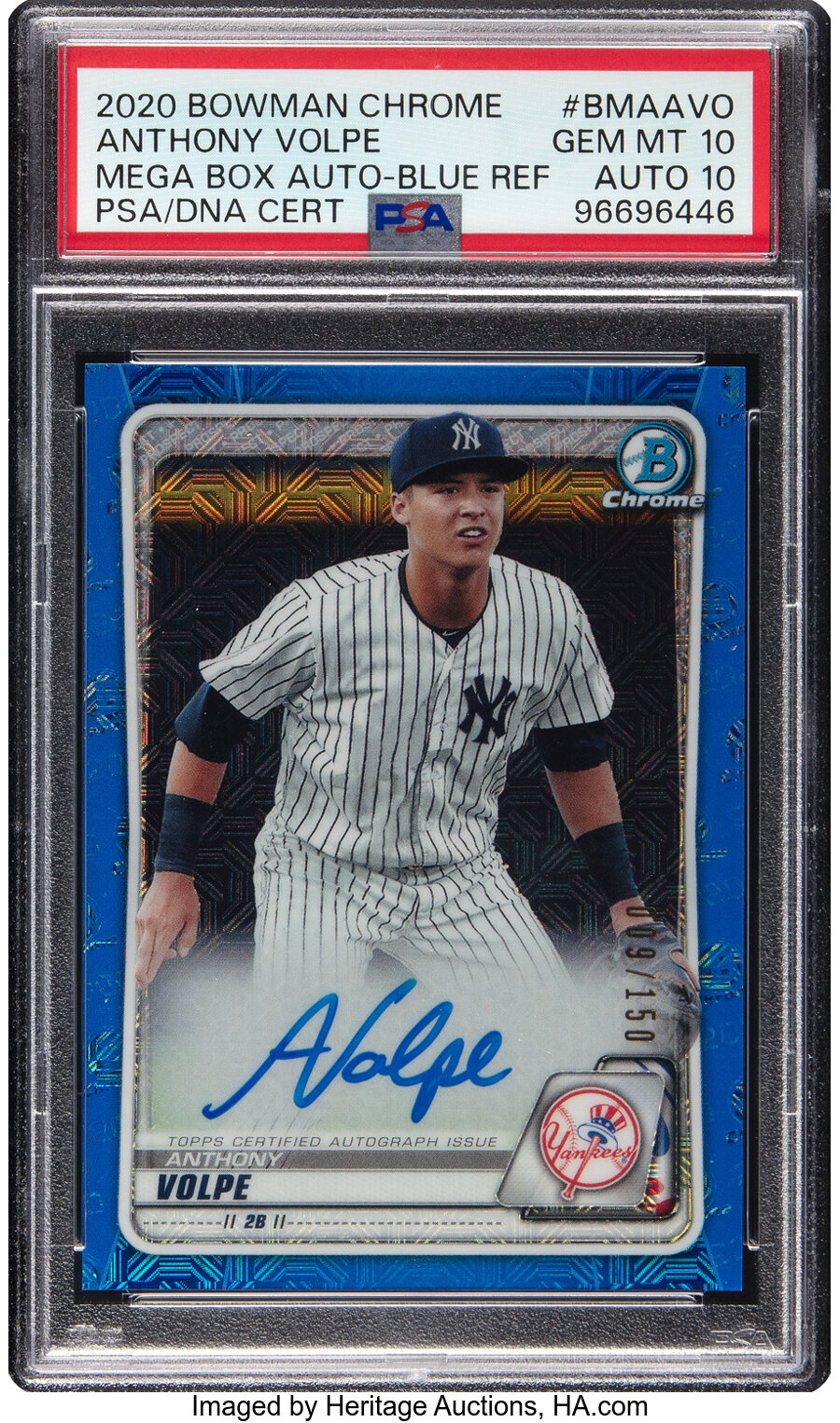 2020 Bowman Chrome Anthony Volpe (Mega Box Autograph-Blue Refractor) #BMAAVO PSA Gem Mint 10, PSA/DNA Auto 10 - #'d 009/150