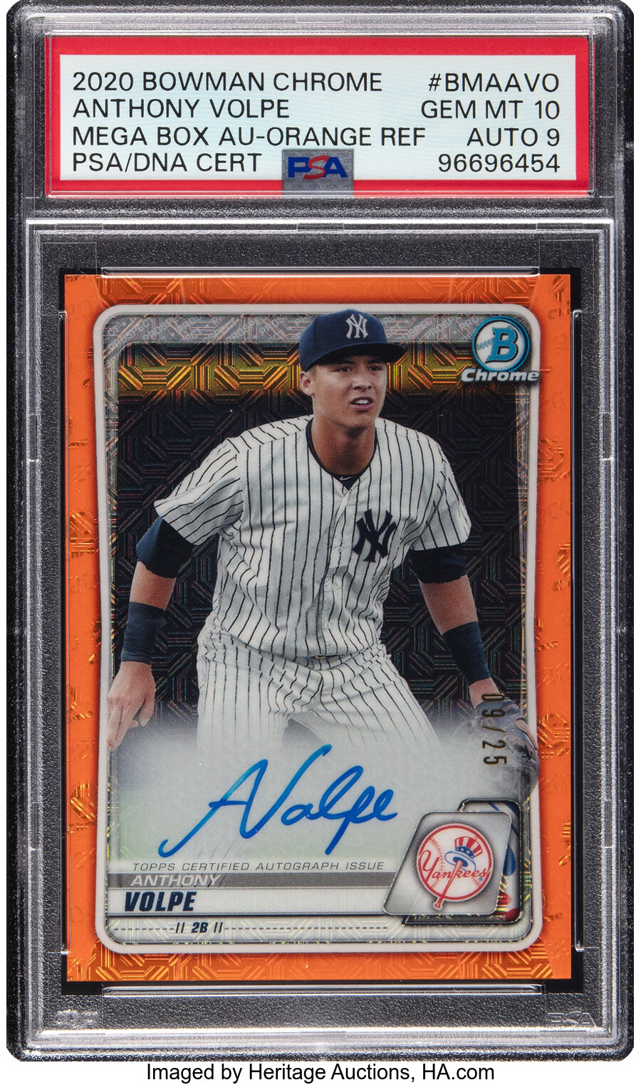 2020 Bowman Chrome Anthony Volpe (Mega Box Autographs-Orange Refractor) #BMAAVO PSA Gem Mint 10, PSA/DNA Auto 9 - #'d 09/25