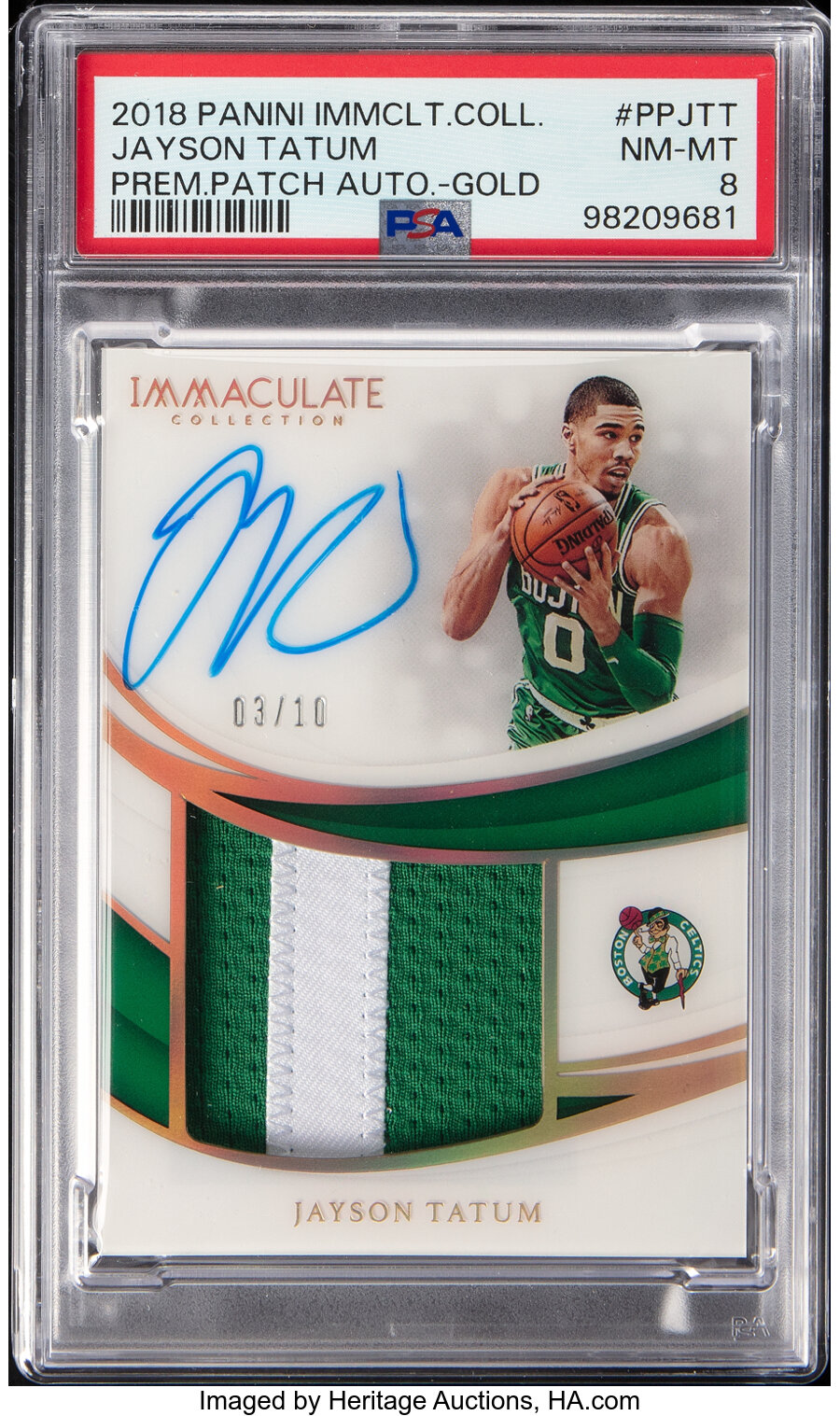 2018 Panini Immaculate Collection Jayson Tatum (Premium Patch Autograph-Gold) Rookie #PPJTT PSA NM-MT 8 - #'d 03/10