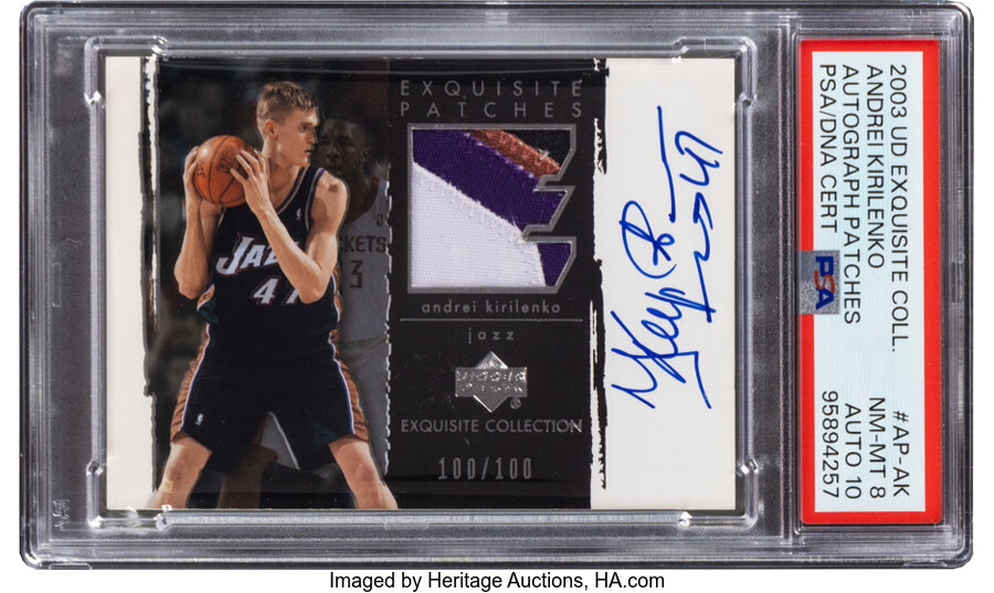 2003 Upper Deck Exquisite Collection Andrei Kirilenko (Autograph Patches) #AP-AK PSA NM-MT 8, PSA/DNA Auto 10 - #'d 100/100 -