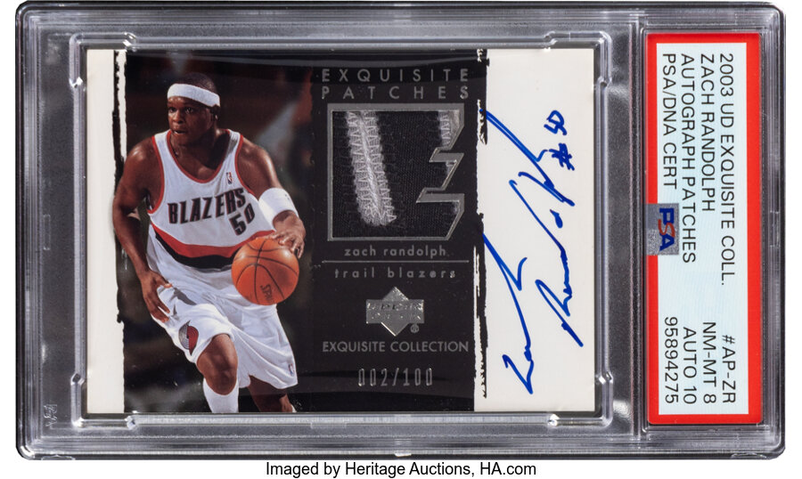 2003 Upper Deck Exquisite Collection Zach Randolph (Autograph Patches) #AP-ZR PSA NM-MT 8, PSA/DNA Auto 10 - #'d 002/100 - Fro