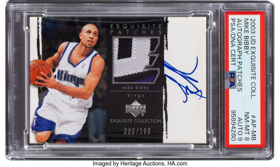 2003 Upper Deck Exquisite Collection Mike Bibby (Autograph Patches) #AP-MB PSA NM-MT 8, PSA/DNA Auto 9 - #'d 086/100 - From th