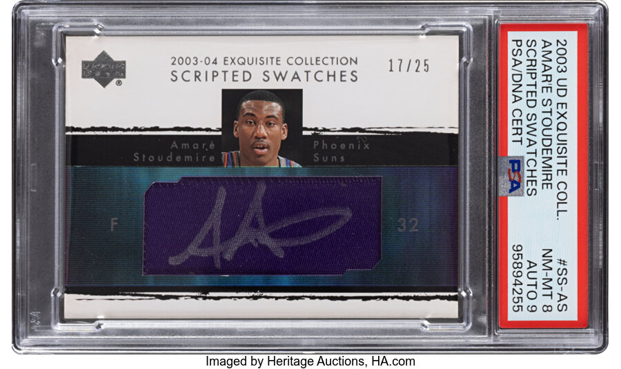 2003 Upper Deck Exquisite Collection Amar'e Stoudemire (Scripted Swatches) #SS-AS PSA NM-MT 8, PSA/DNA Auto 9 - #'d 17/25 - Fr