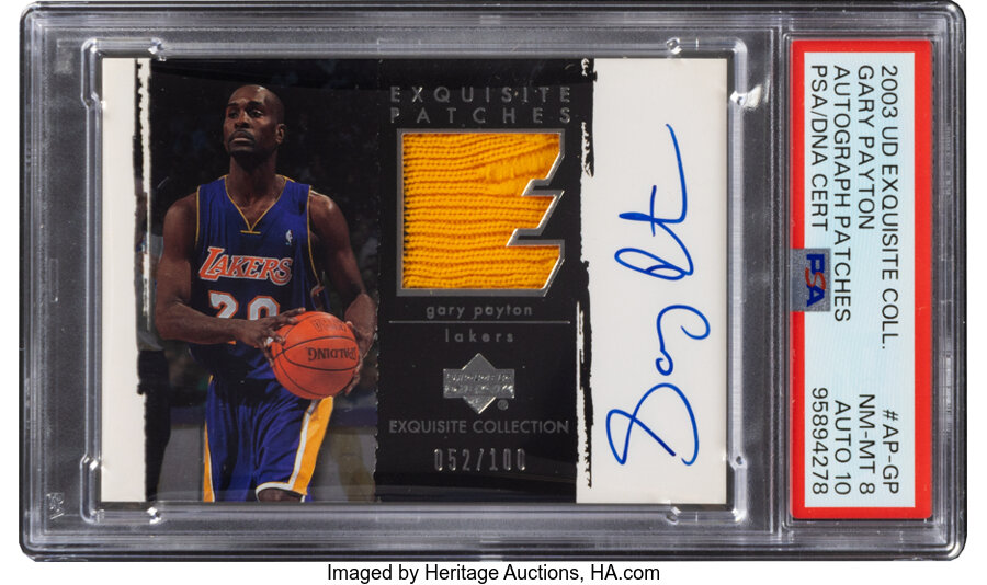 2003 Upper Deck Exquisite Collection Gary Payton (Autograph Patches) #AP-GP PSA NM-MT 8, PSA/DNA Auto 10 - #'d 052/100 - Pop T