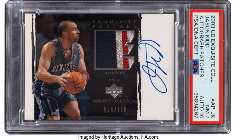 2003 Upper Deck Exquisite Collection Jason Kidd (Autograph Patches) #AP-JK PSA NM 7, PSA/DNA Auto 10 - #'d 028/100 - From the