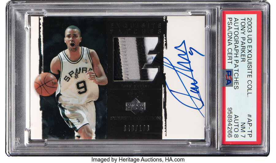 2003 Upper Deck Exquisite Collection Tony Parker (Autograph Patches) #AP-TP PSA NM 7, PSA/DNA Auto 8 - #'d 040/100 - From the