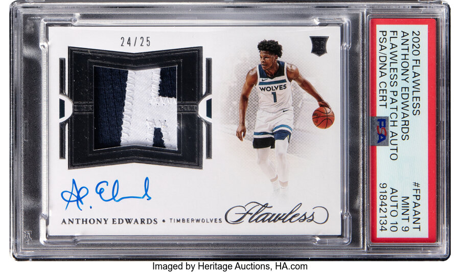 2020 Panini Flawless Anthony Edwards (Flawless Patch Autograph) Rookie #FPA-ANT PSA Mint 9, PSA/DNA Auto 10 - #'d 24/25