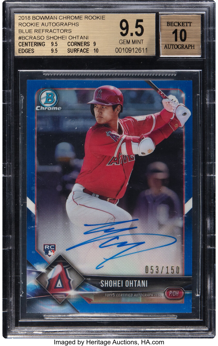 2018 Bowman Chrome Shohei Ohtani (Blue Refractors-Autographs) Rookie #BCRA-SO BGS Gem Mint 9.5, Beckett Auto 10 - #'d 053/150