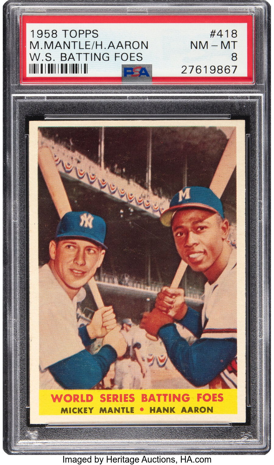 1958 Topps Mickey Mantle and Hank Aaron (World Series Batting Foes) #418 PSA NM-MT 8