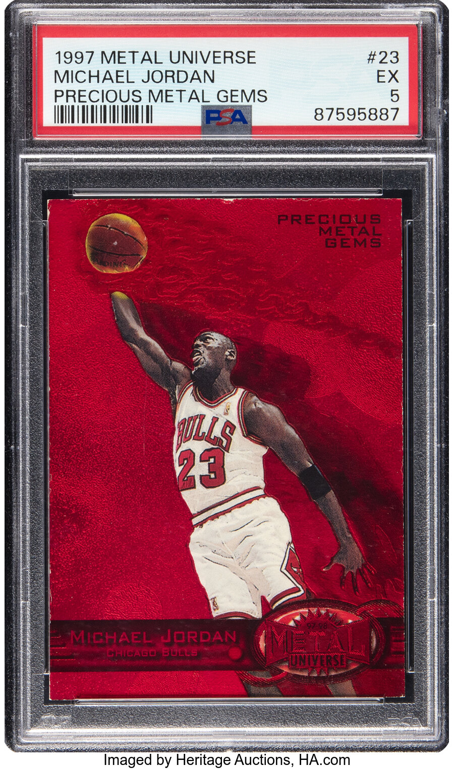 1997-98 SkyBox Metal Universe Michael Jordan (Precious Metal Gems, Ruby Red ) #23 PSA EX 5 - #'d 067/100