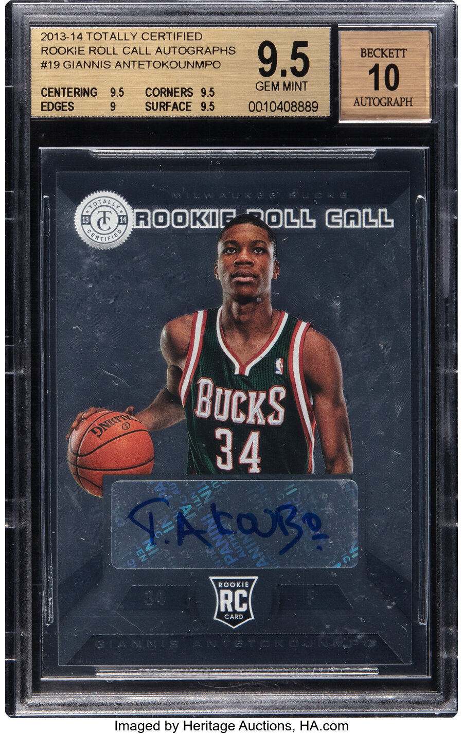 2013 Panini Totally Certified Giannis Antetokounmpo (Rookie Roll Call Autographs) #19 BGS Gem Mint 9.5, Beckett Auto 10