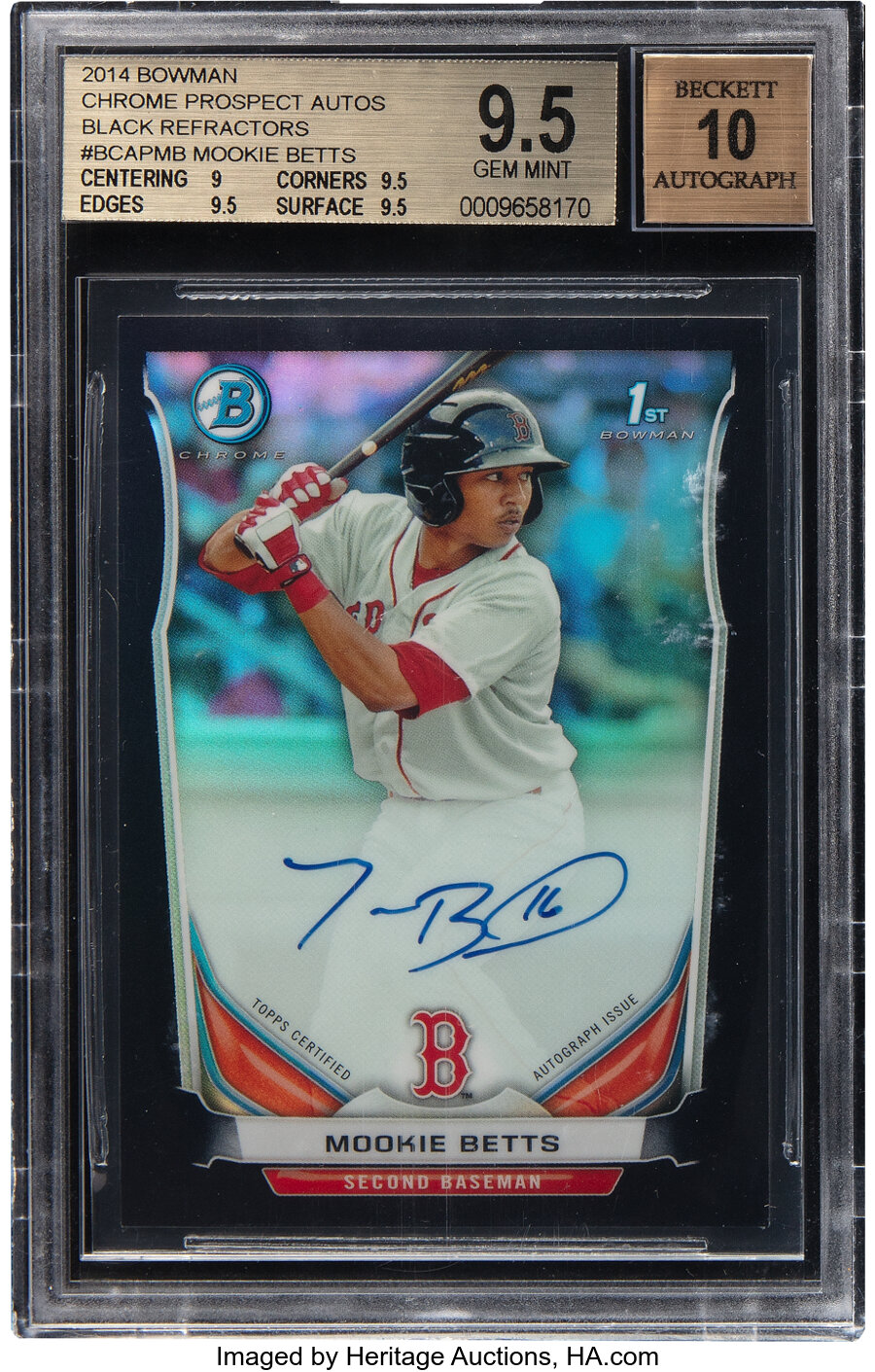 2014 Bowman Chrome Prospects Autographs Mookie Betts (Black Refractors) #BCAPMB BGS Gem Mint 9.5, Beckett Auto 10 - #'d 50/99