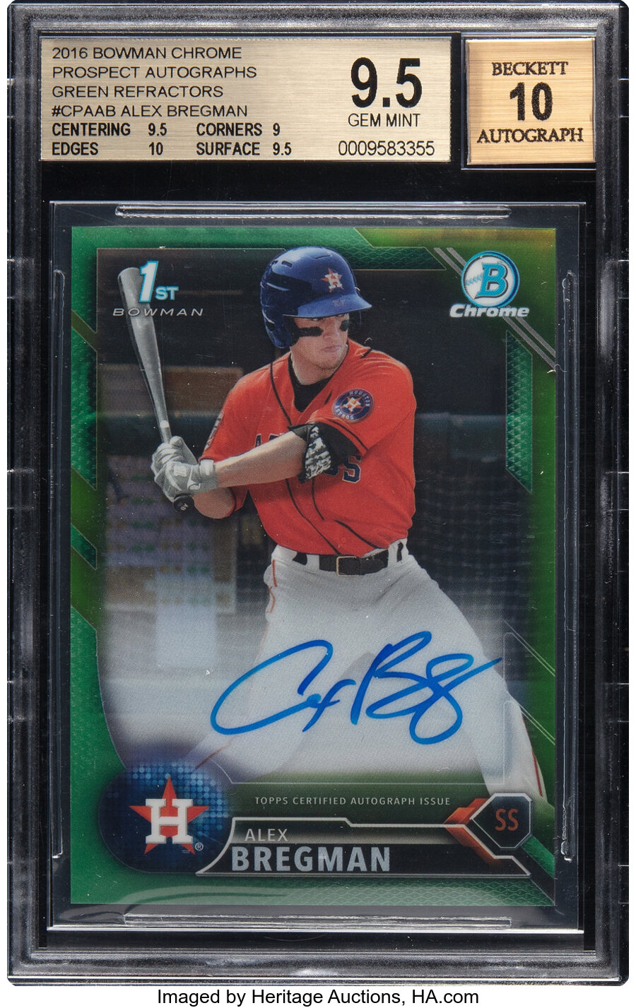 2016 Bowman Chrome Prospect Alex Bregman (Autograph - Green Refractor) #CPA-AB BGS Gem Mint 9.5, Auto 10 - Serial #'d 57/99