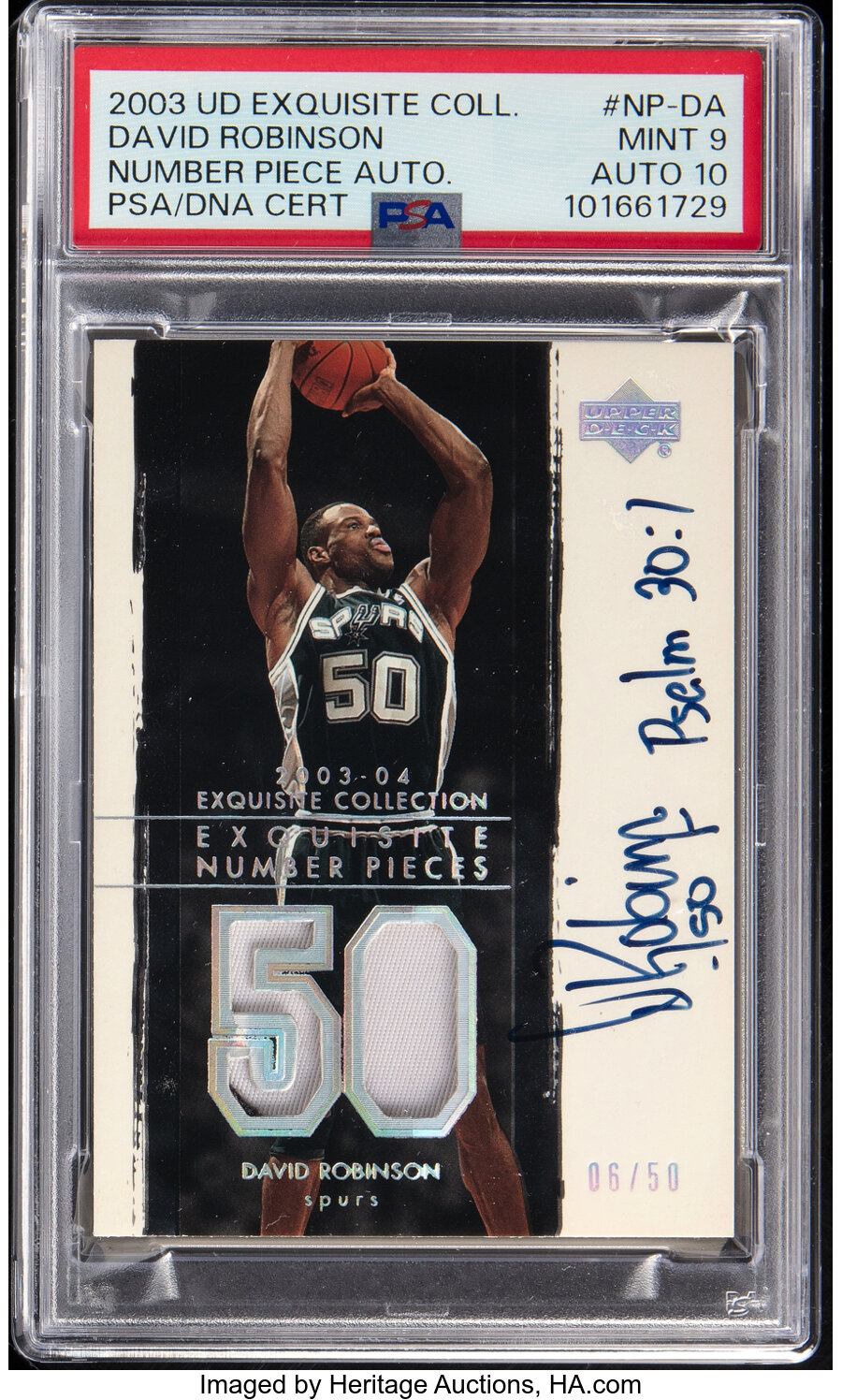 2003 Upper Deck Exquisite Collection David Robinson (Number Piece Autograph) #NP-DA PSA Mint 9, PSA/DNA Auto 10 - #'d 06/50 -