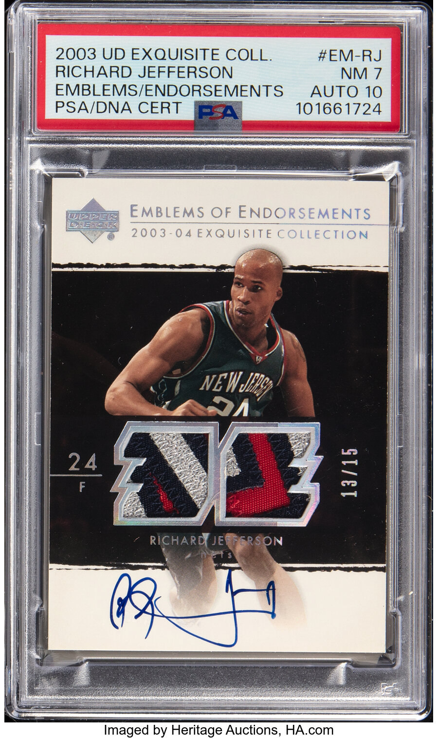 2003 Upper Deck Exquisite Collection Richard Jefferson (Emblems of Endorsements) #EM-RJ PSA NM 7, PSA/DNA Auto 10 - #'d 13/15
