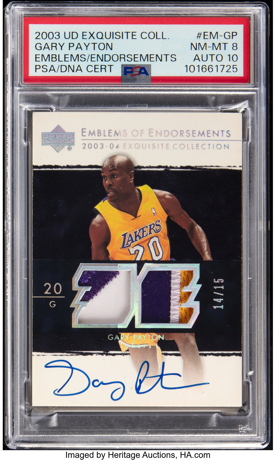 2003 Upper Deck Exquisite Collection Gary Payton (Emblems of Endorsements) #EM-GP PSA NM-MT 8, PSA/DNA Auto 10 - #'d 14/15 - P