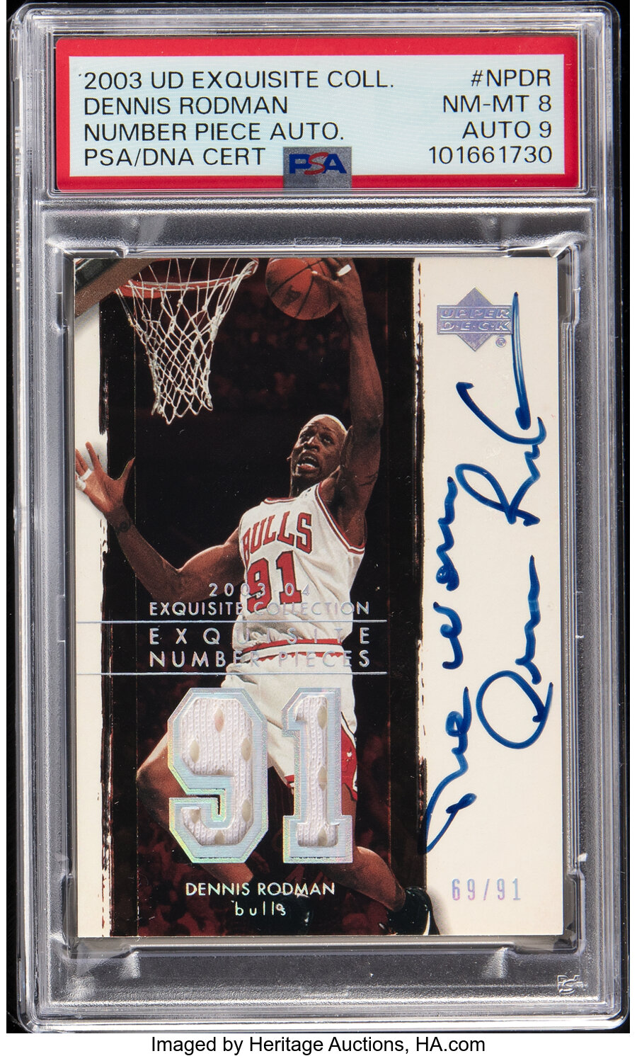 2003 Upper Deck Exquisite Collection Dennis Rodman (Number Pieces Autograph) #NPDR PSA NM-MT 8, PSA/DNA Auto 9 - #'d 69/91 - P