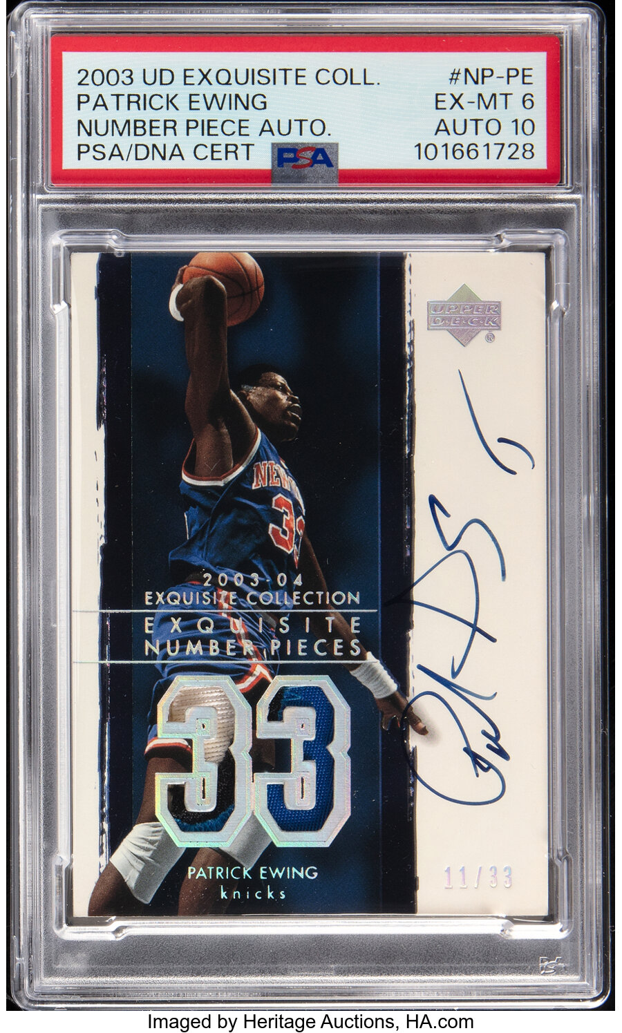 2003 Upper Deck Exquisite Collection Patrick Ewing (Number Piece Autograph) #NP-PE PSA EX-MT 6, PSA/DNA Auto 10 - #'d 11/33 -