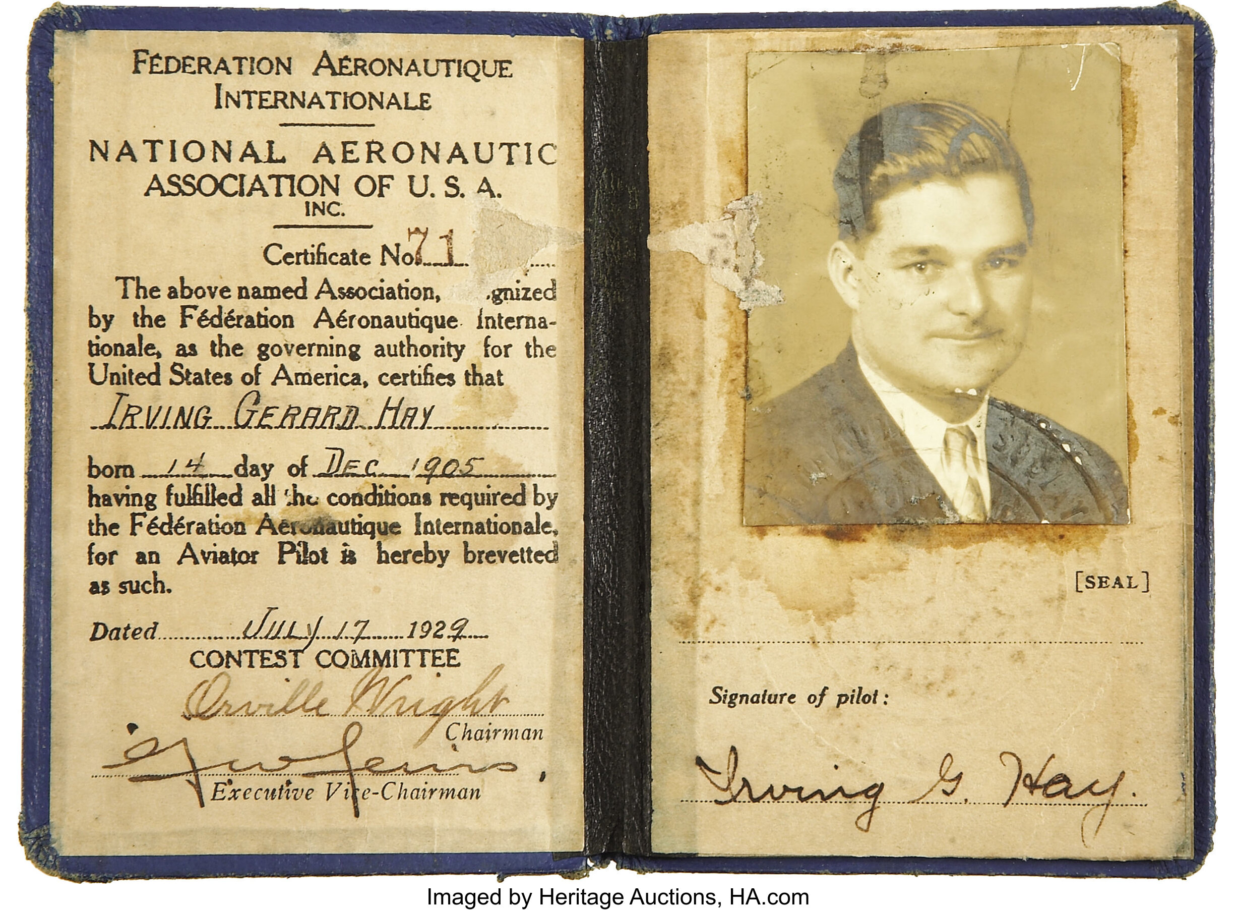 Early Aviator's Certificate Issued by the National Aeronautic | Lot ...