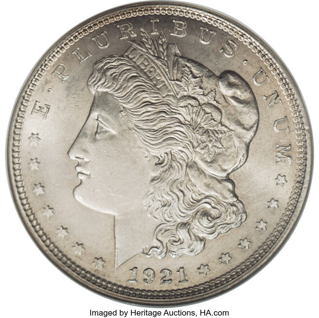 1921 $1 Morgan Dollar--Double Struck, Rotated in Collar--MS60 NGC