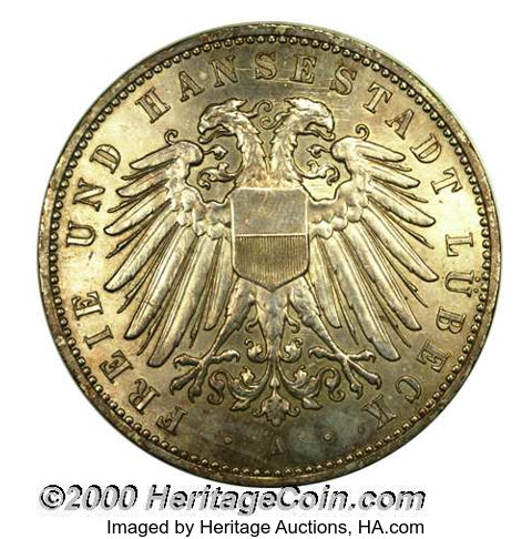 Germany Lubeck. 5 marks 1904 A Two headed eagle Eagle wit