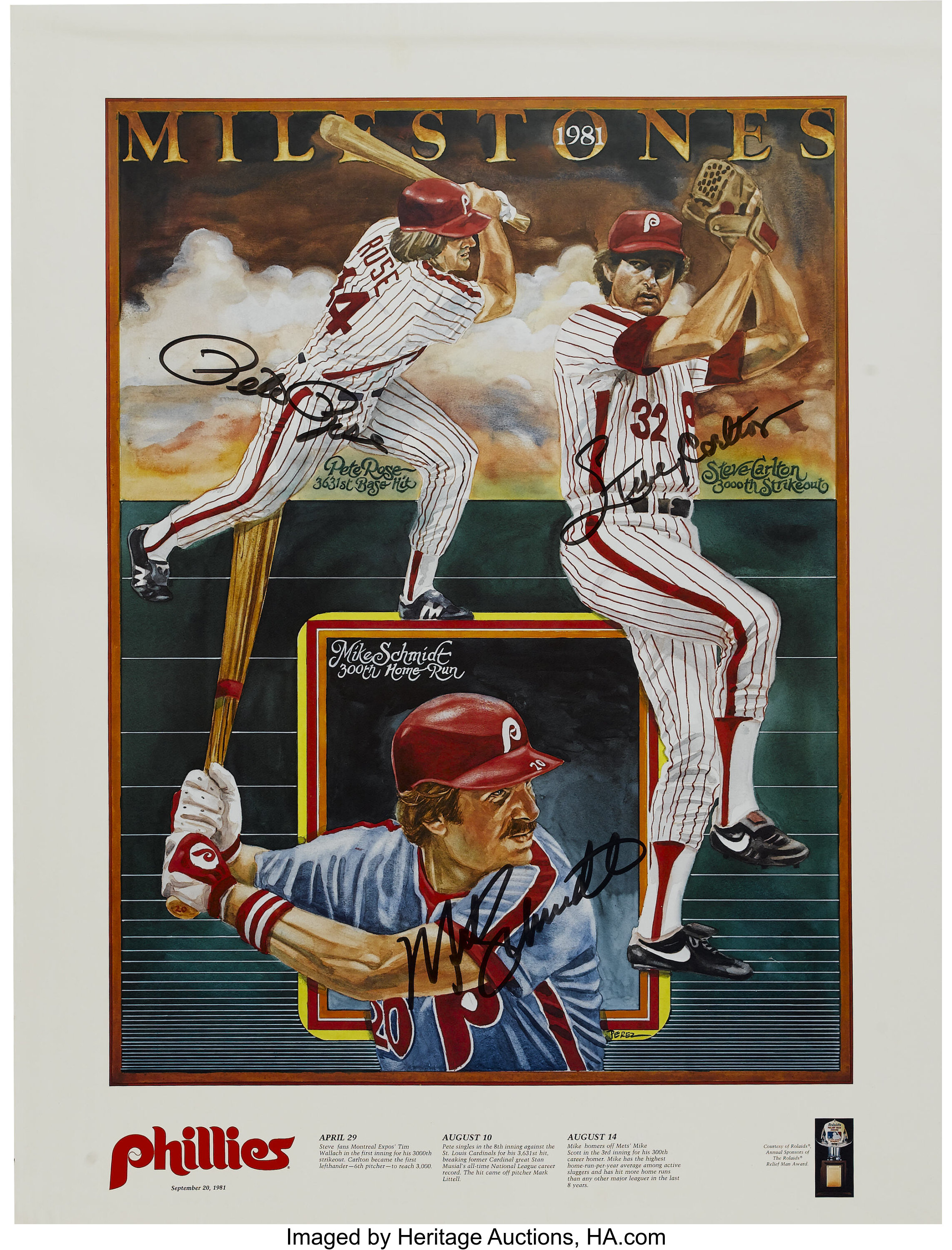 PETE ROSE MIKE SCHMIDT STEVE CARLTON AUTOGRAPHED 1980 PHILLIES 20X24 PHOTO