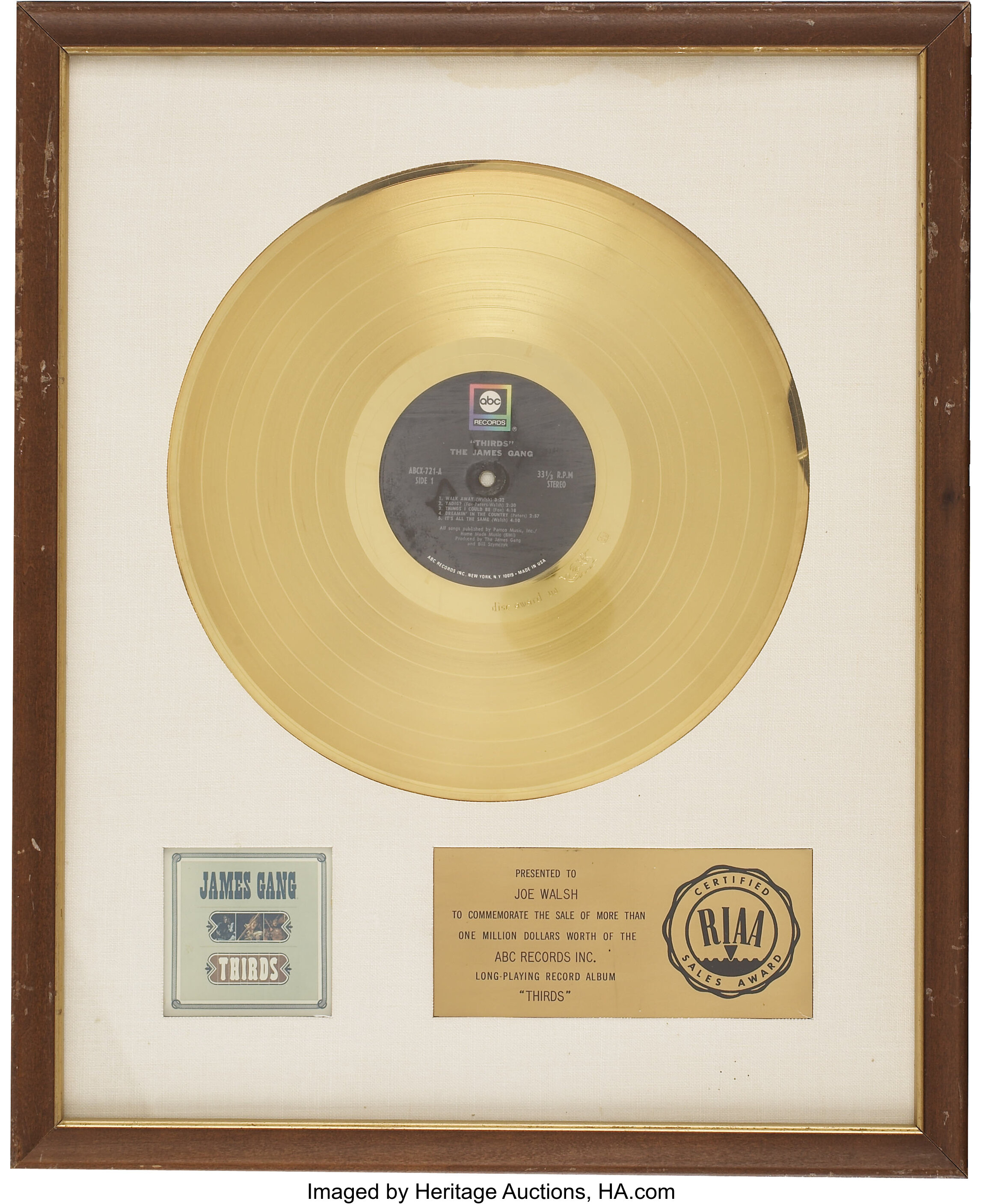 James Gang Thirds Riaa Gold Album Award 1971 Presented To Joe Lot 30075 Heritage Auctions