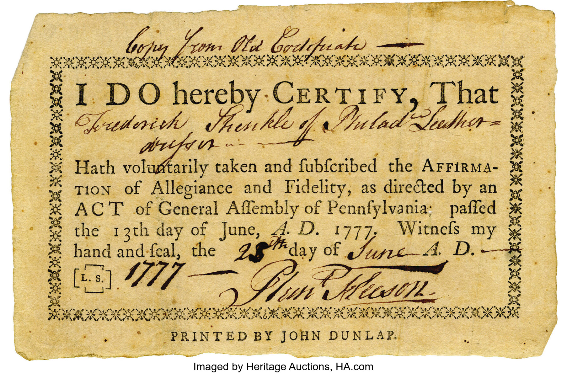 Revolutionary War Loyalty Oath Printed By John Dunlap Military Lot 56046 Heritage Auctions 
