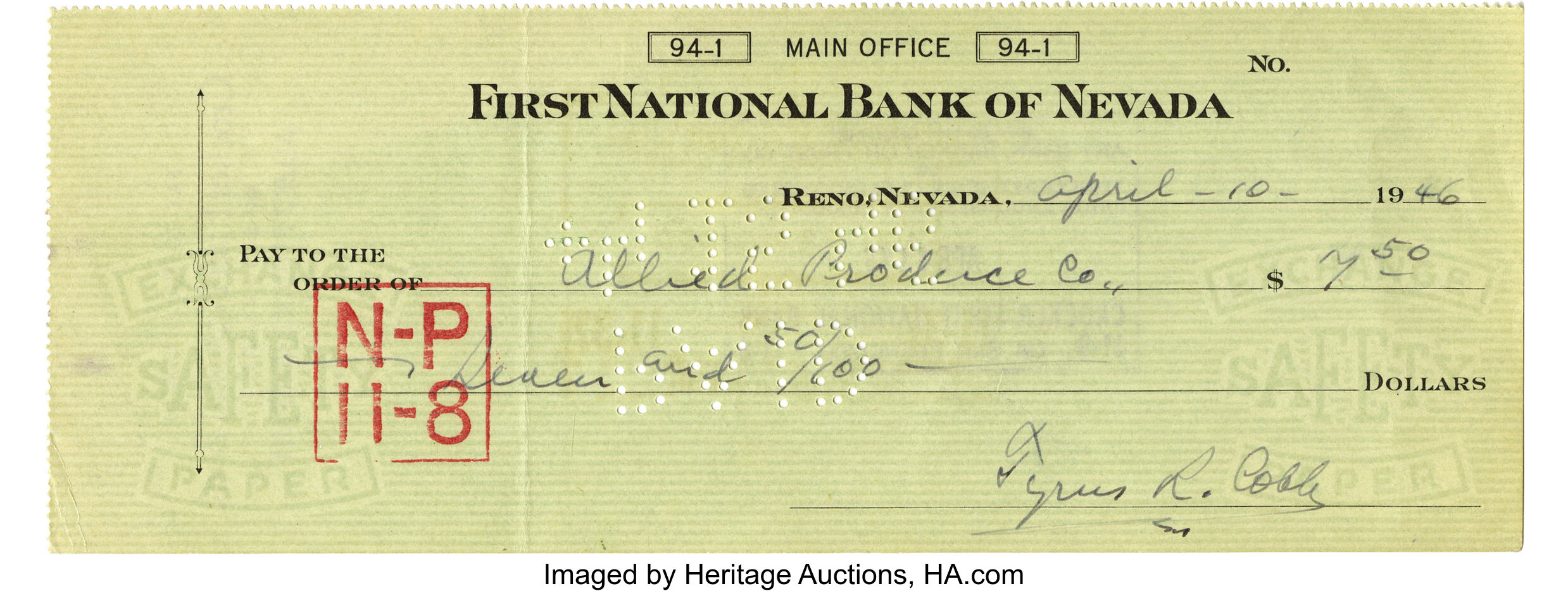 Ty Cobb Detroit Tigers Signed 1952 Personal Bank Check JSA Z30162