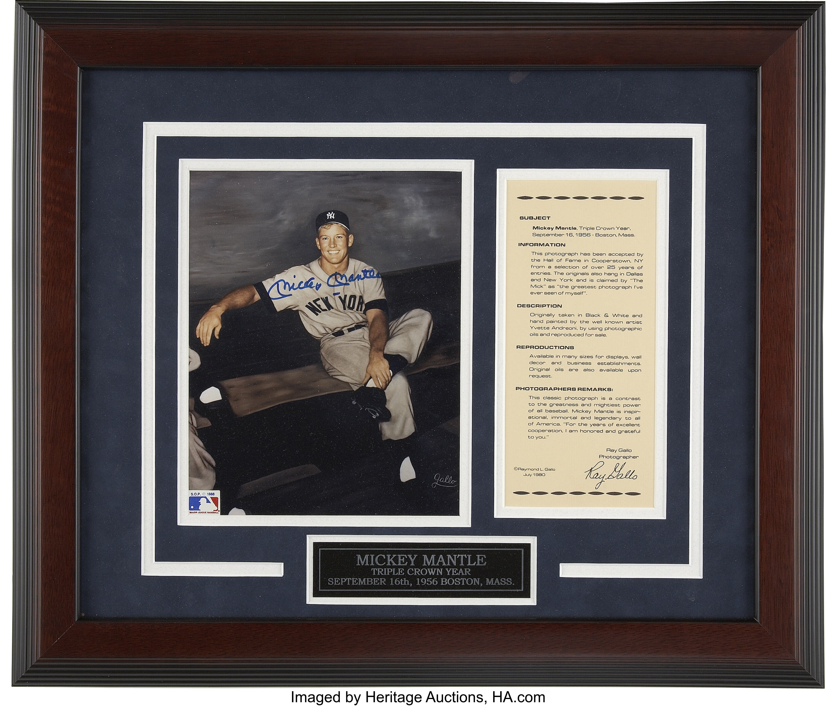 Mickey Mantle Signed Photograph with Matted Jersey In Framed