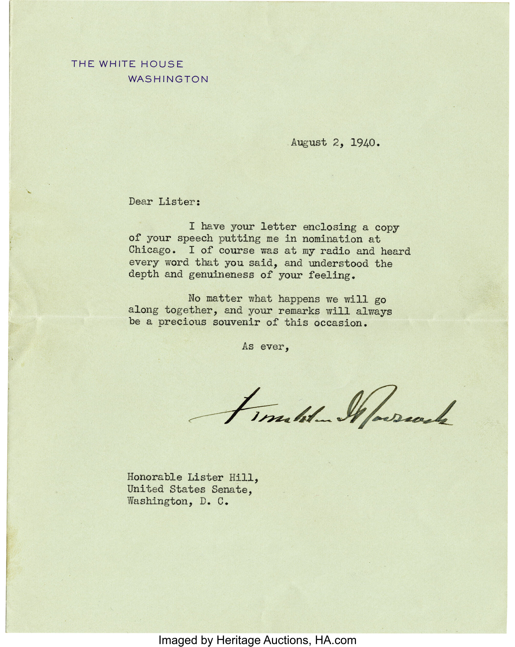 Two Typed Letters, Signed, On U.S. Supreme Court Letterhead, 1940
