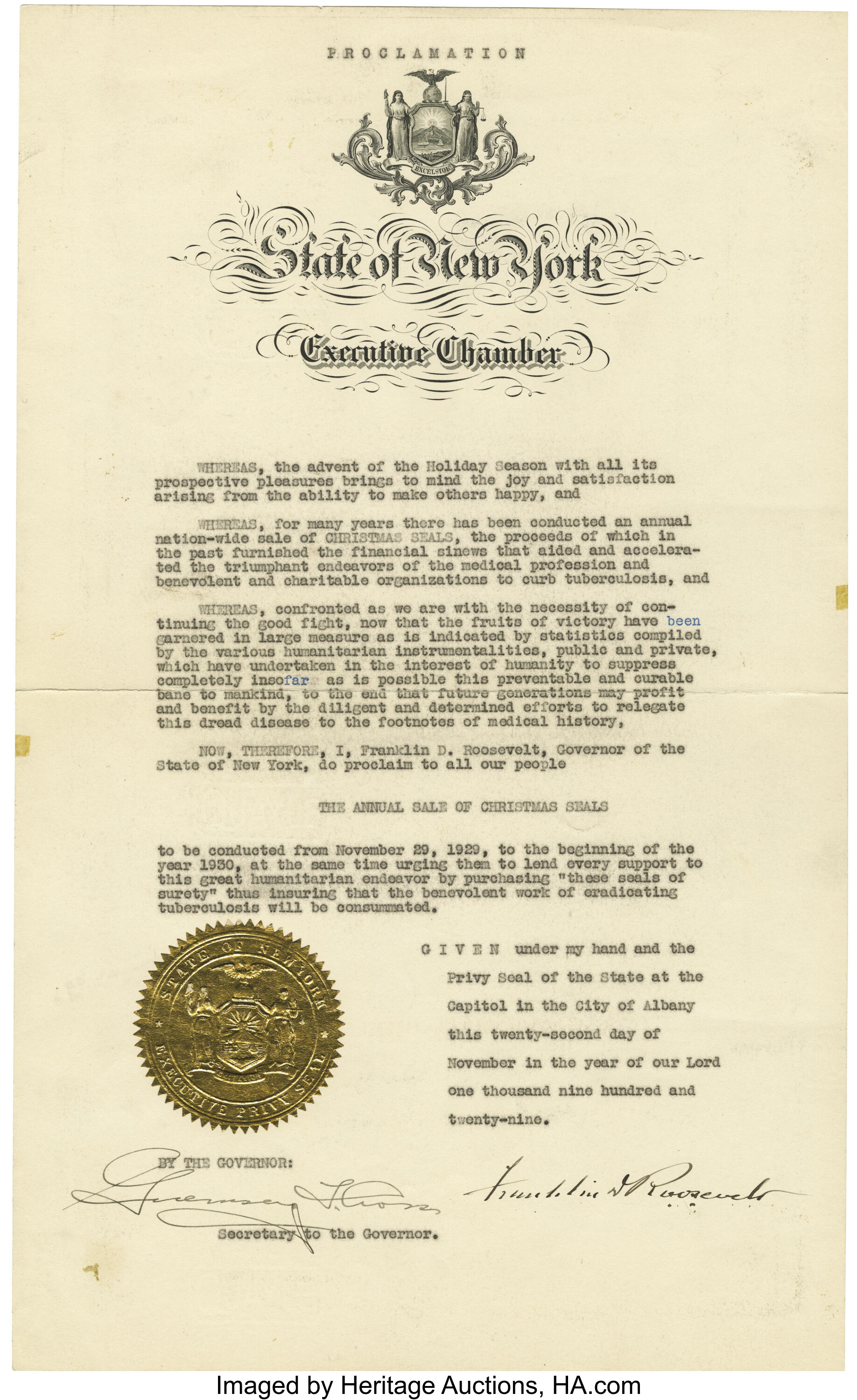 Franklin D. Roosevelt: Document Signed As New York Governor. 