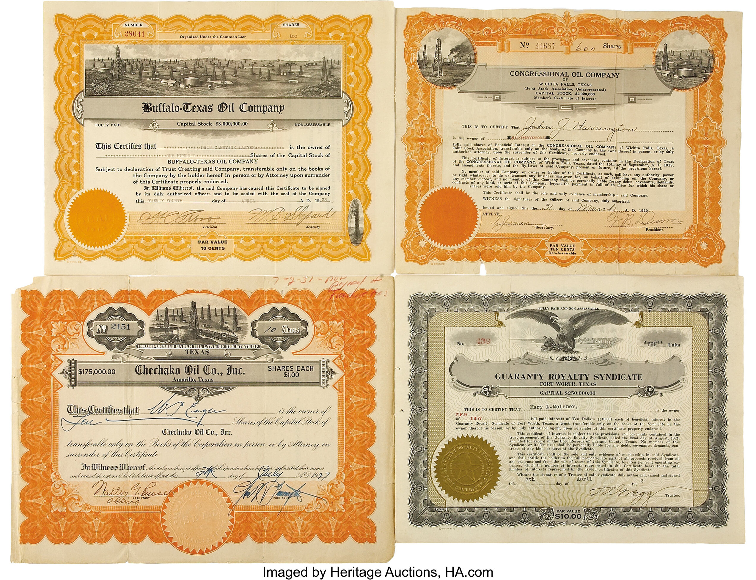 Collection of Four 1920s Texas Oil Stock Certificates... (Total 4 Lot 78966 Heritage Auctions