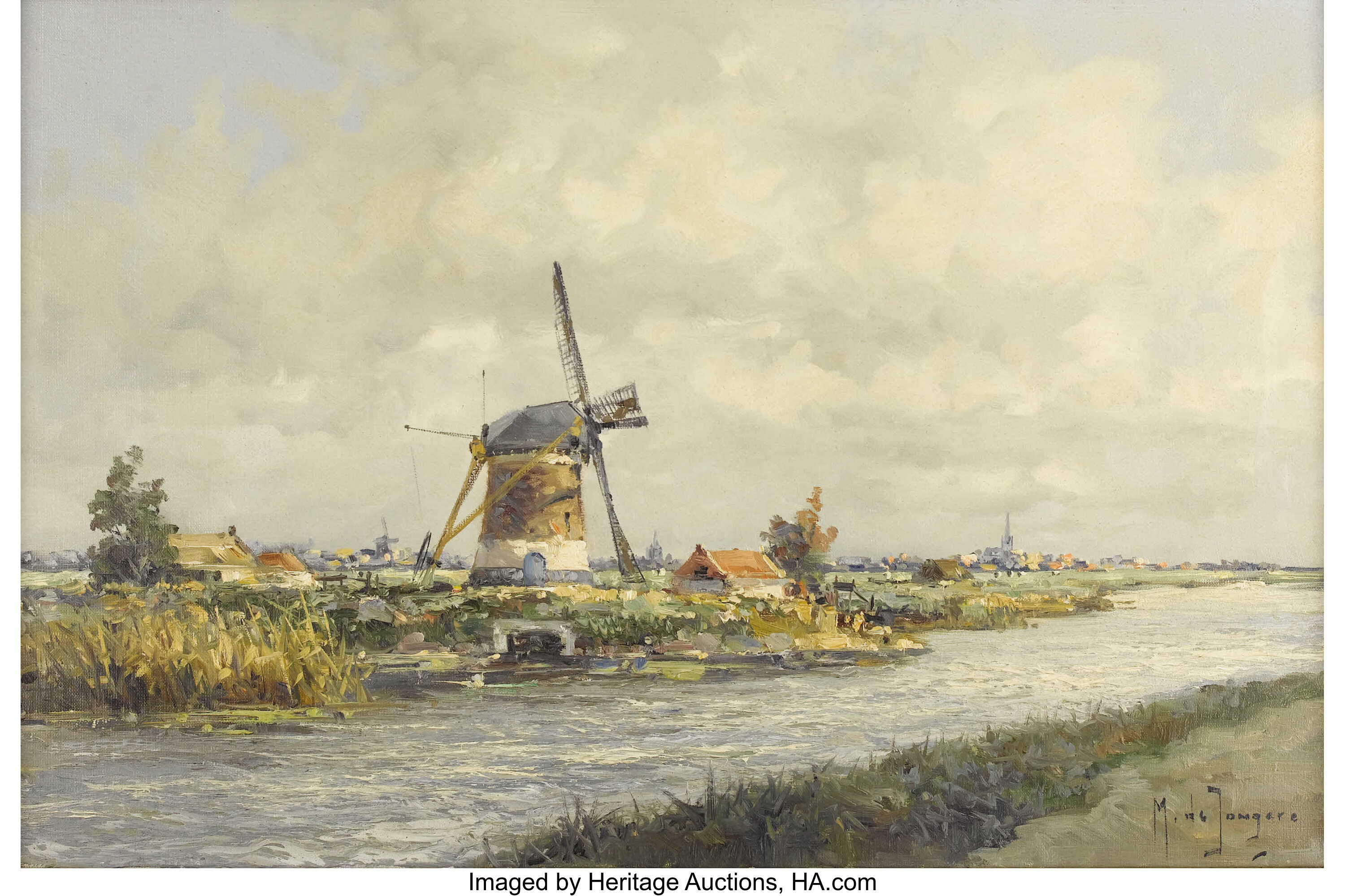 Marius De Jongere Dutch 1912 1978 Windmill By The River Oil On Lot Heritage Auctions