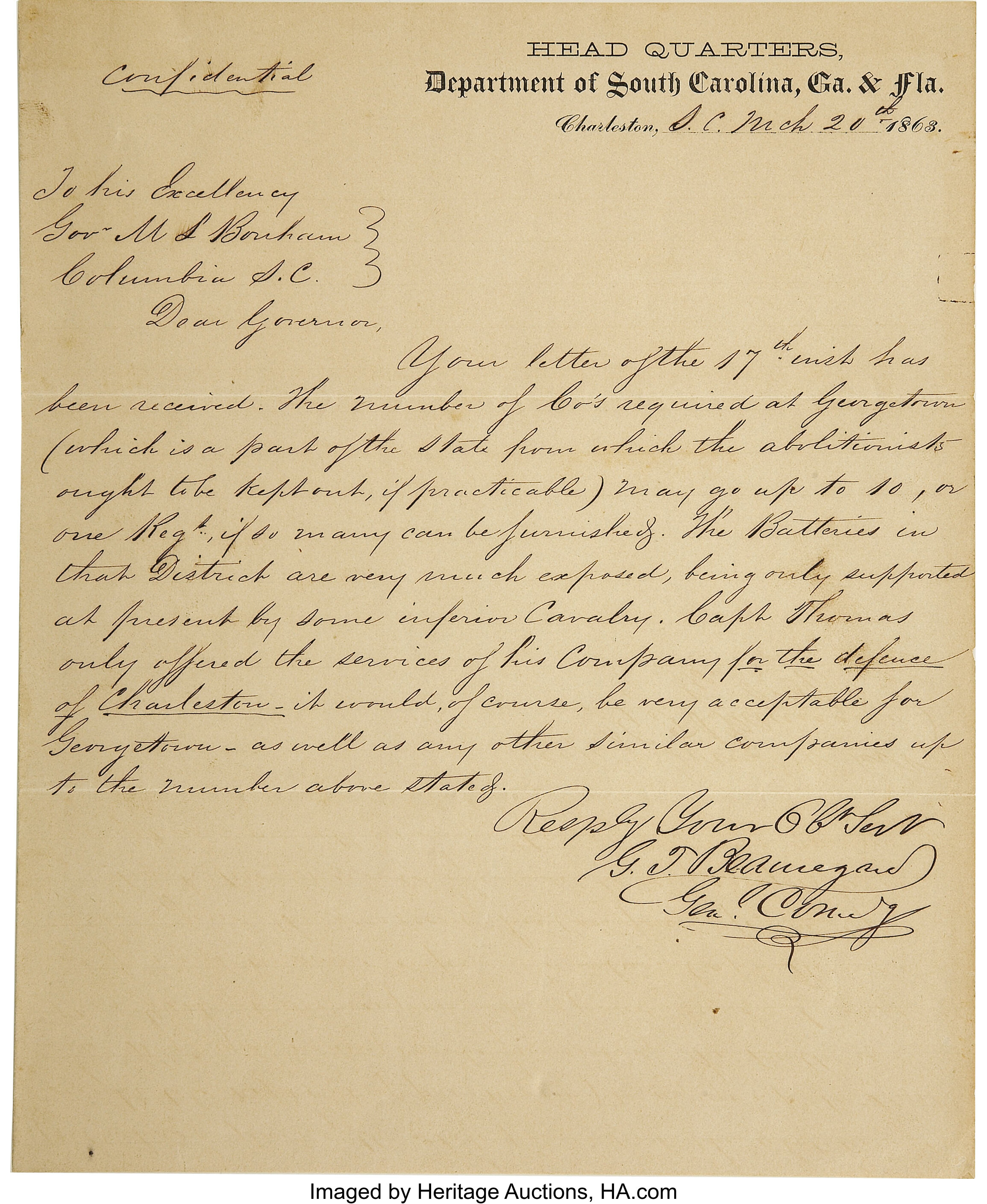 General P. G. T. Beauregard 1863 Autograph Letter Signed to South | Lot ...