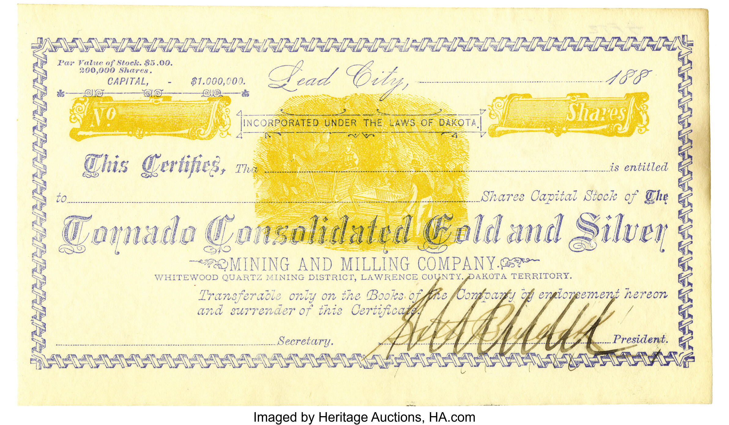 Marshall Seth Bullock Signed Stock Certificate Leaddeadwood Lot 72371 Heritage Auctions 7522