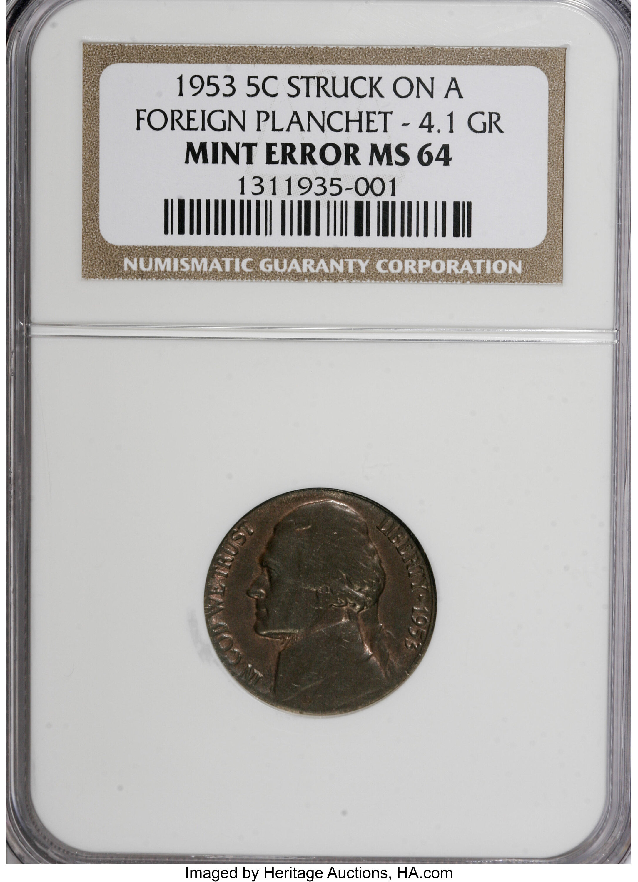 1953 5C Jefferson Nickel--Struck on a Foreign Planchet-4.1 | Lot