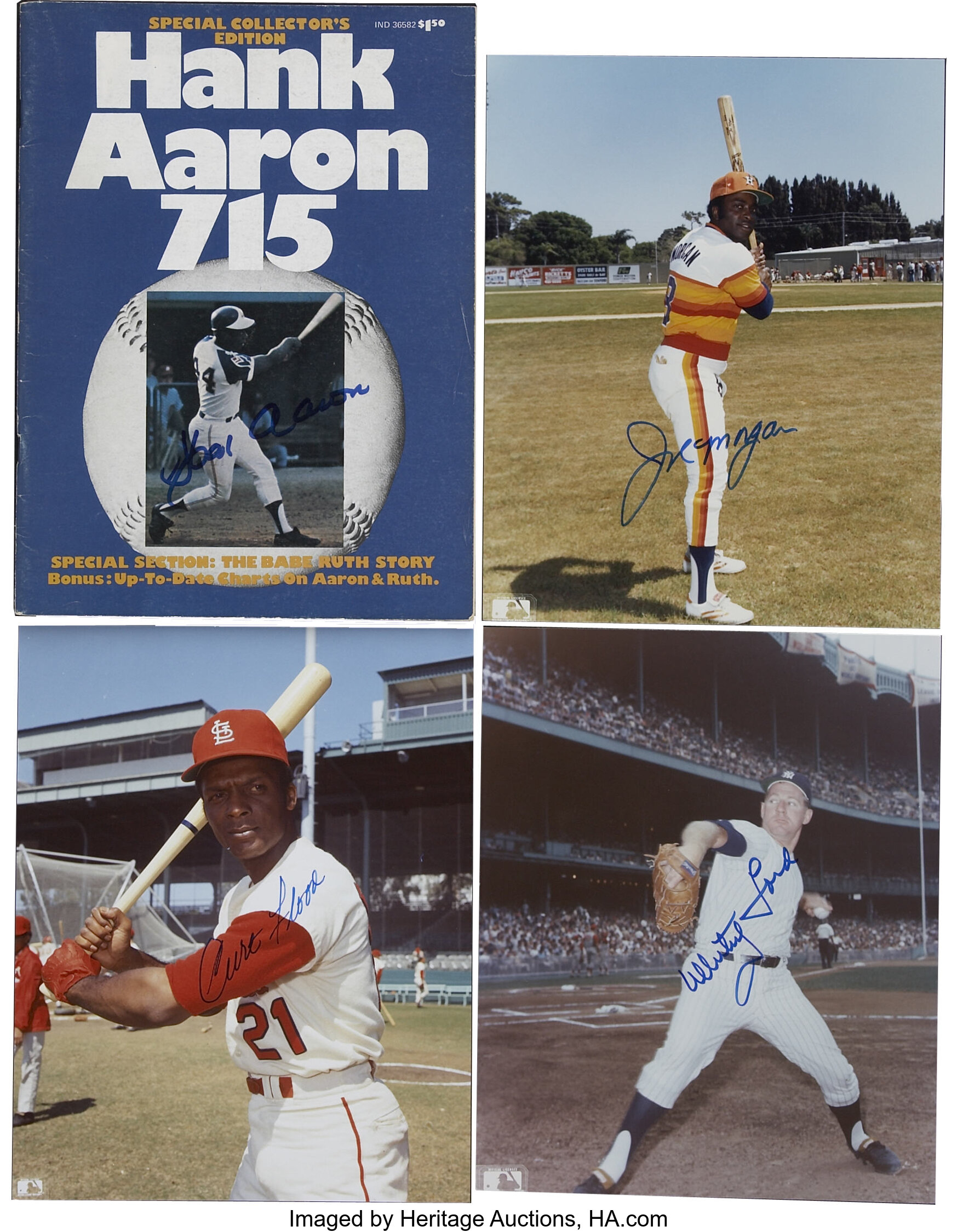 Hank Aaron, Whitey Ford, Joe Morgan, and Curt Flood Autograph | Lot ...