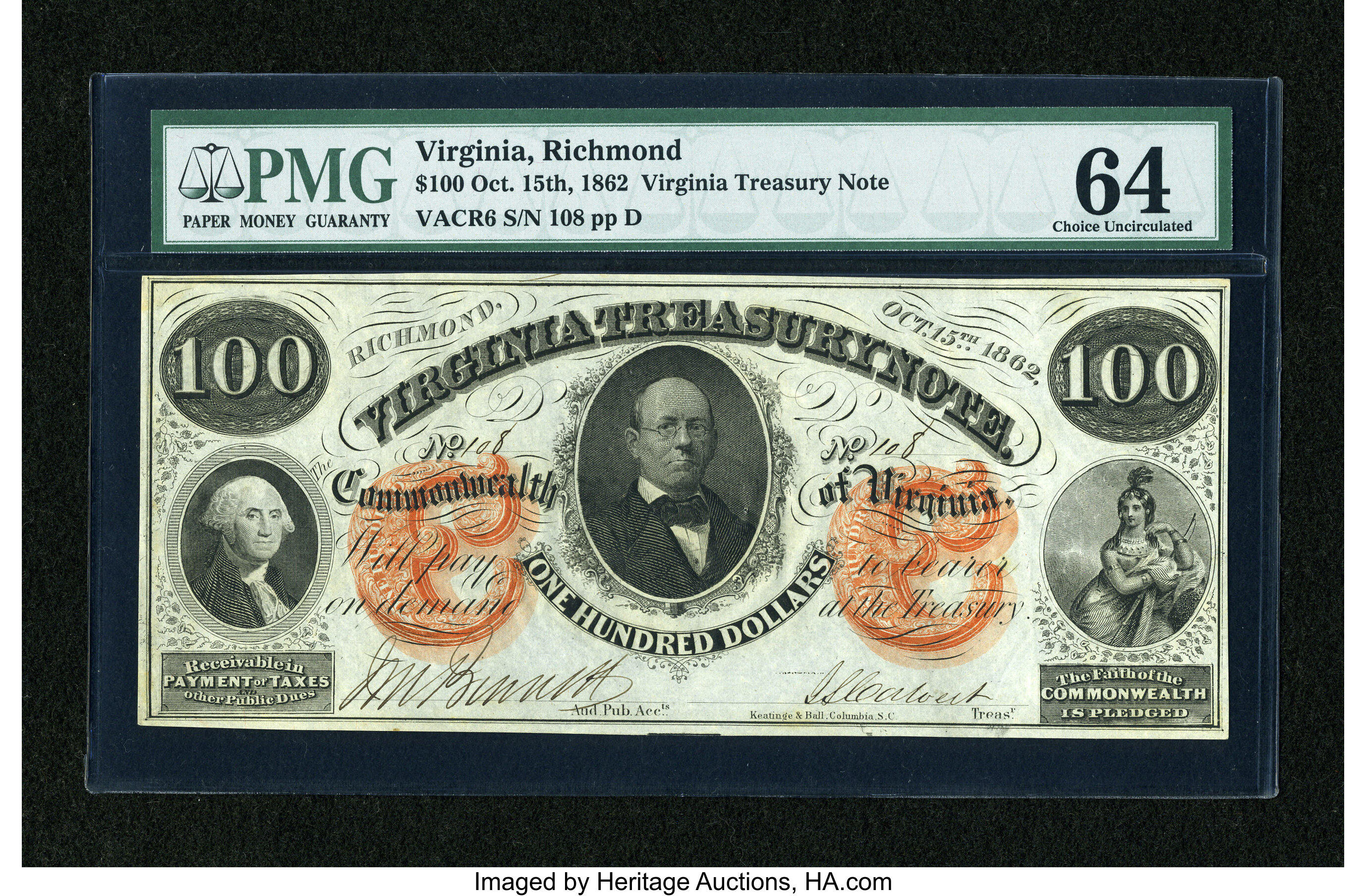 $100 Virginia Treasury Note No. 119 Oct. 15, 1862 Commonwealth of Virginia