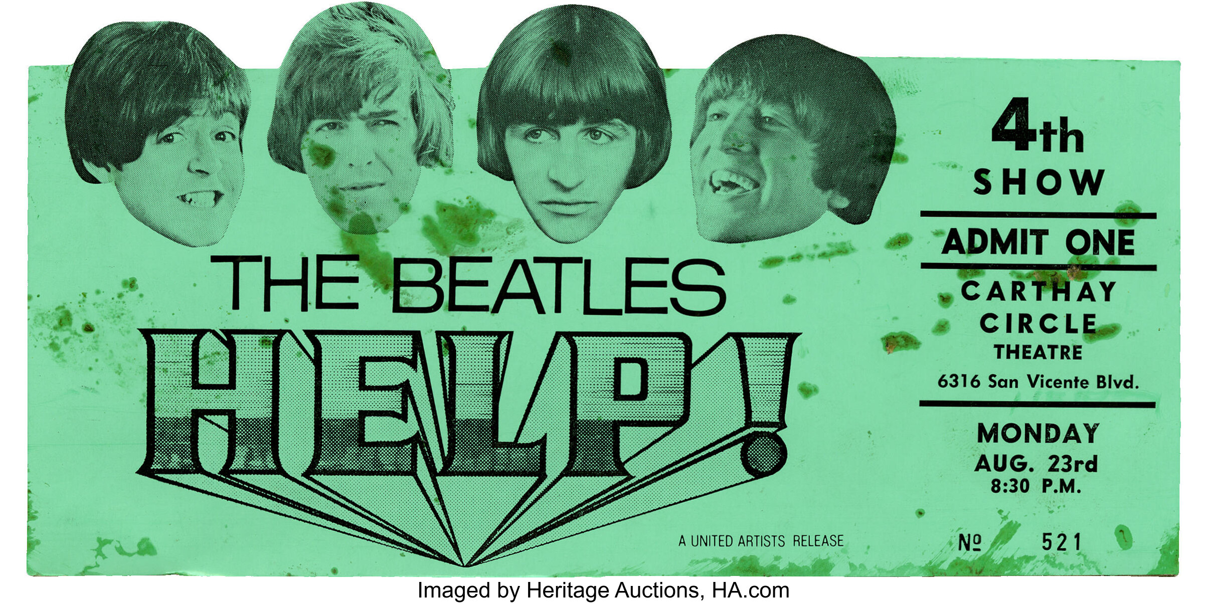 Beatles Related Help Die Cut Movie Ticket United Artists Lot 