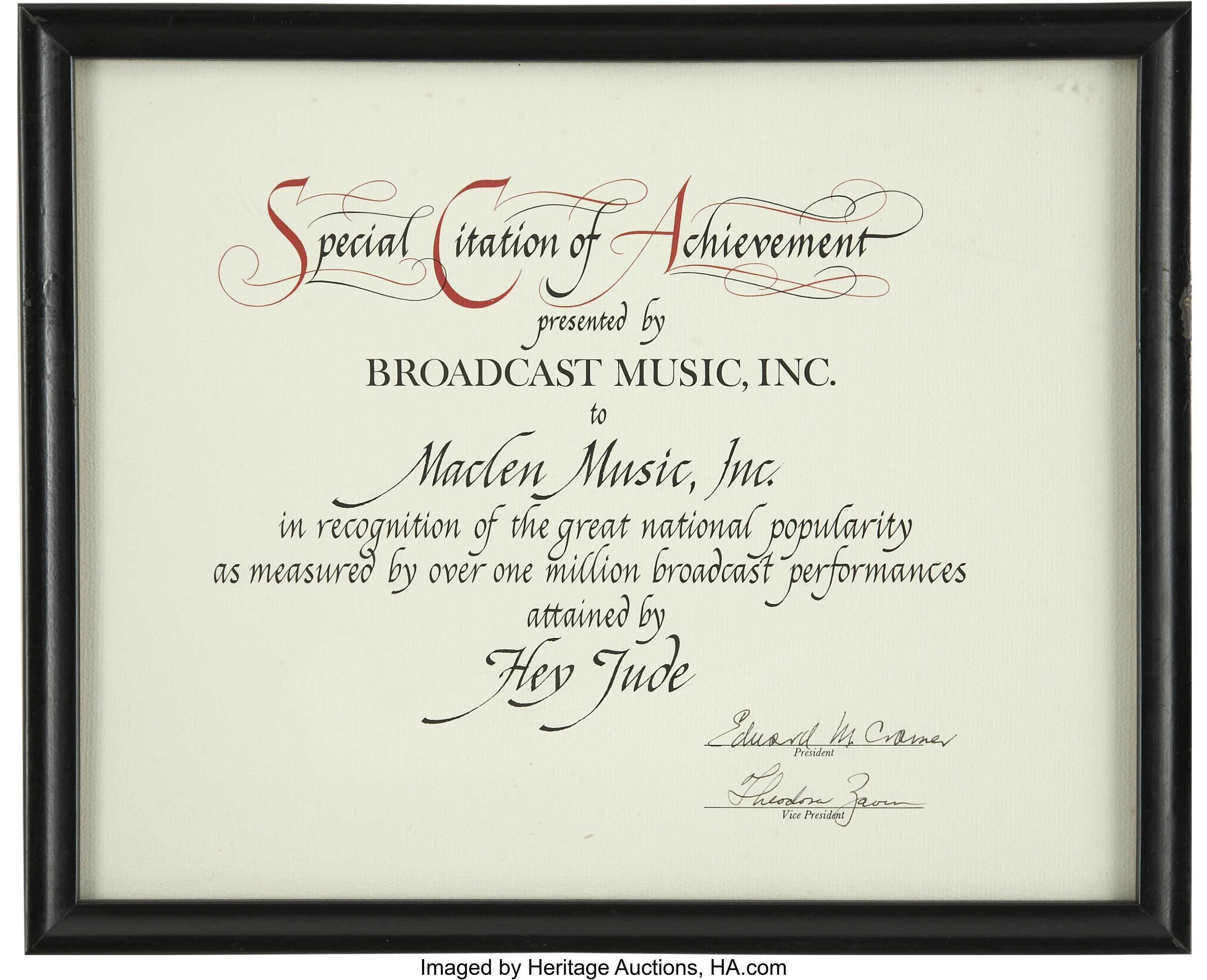 Beatles Hey Jude Broadcast Music Citation Music Memorabilia Lot Heritage Auctions