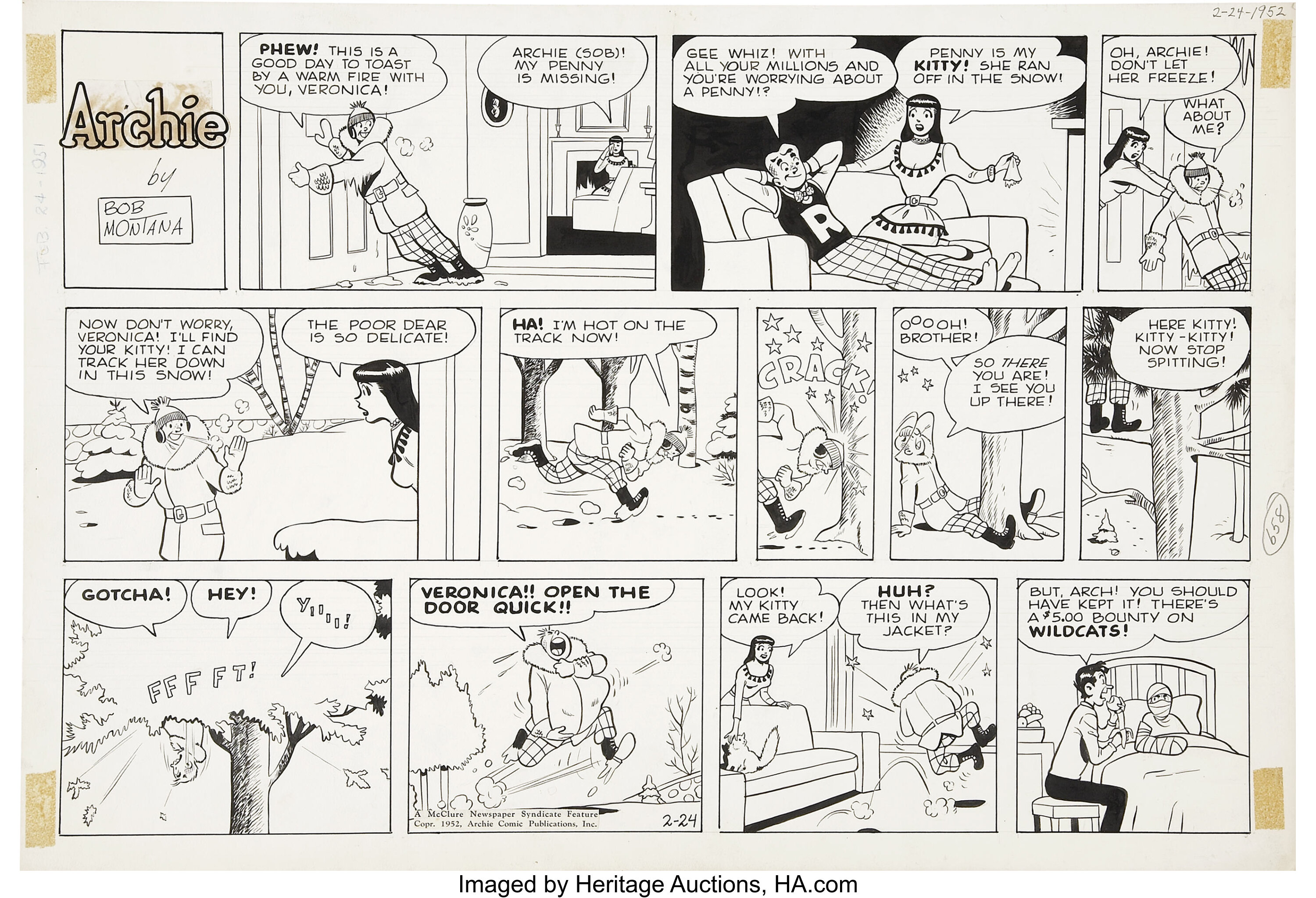 Bob Montana Archie Sunday Comic Strip Original Art, Dated 2-24-52 