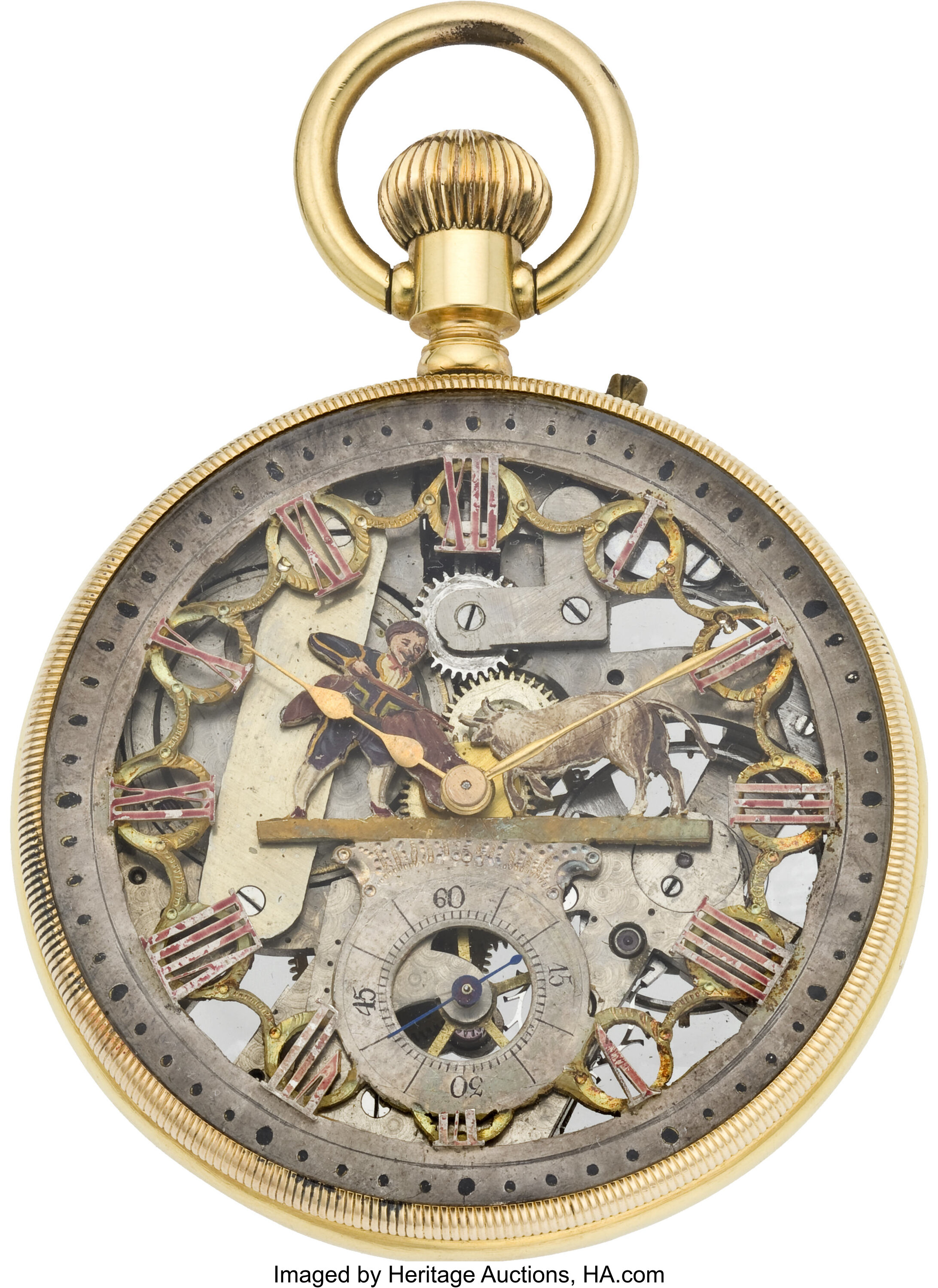 Swiss Gold Enamel Skeleton Pocket Watch circa 1885. Lot